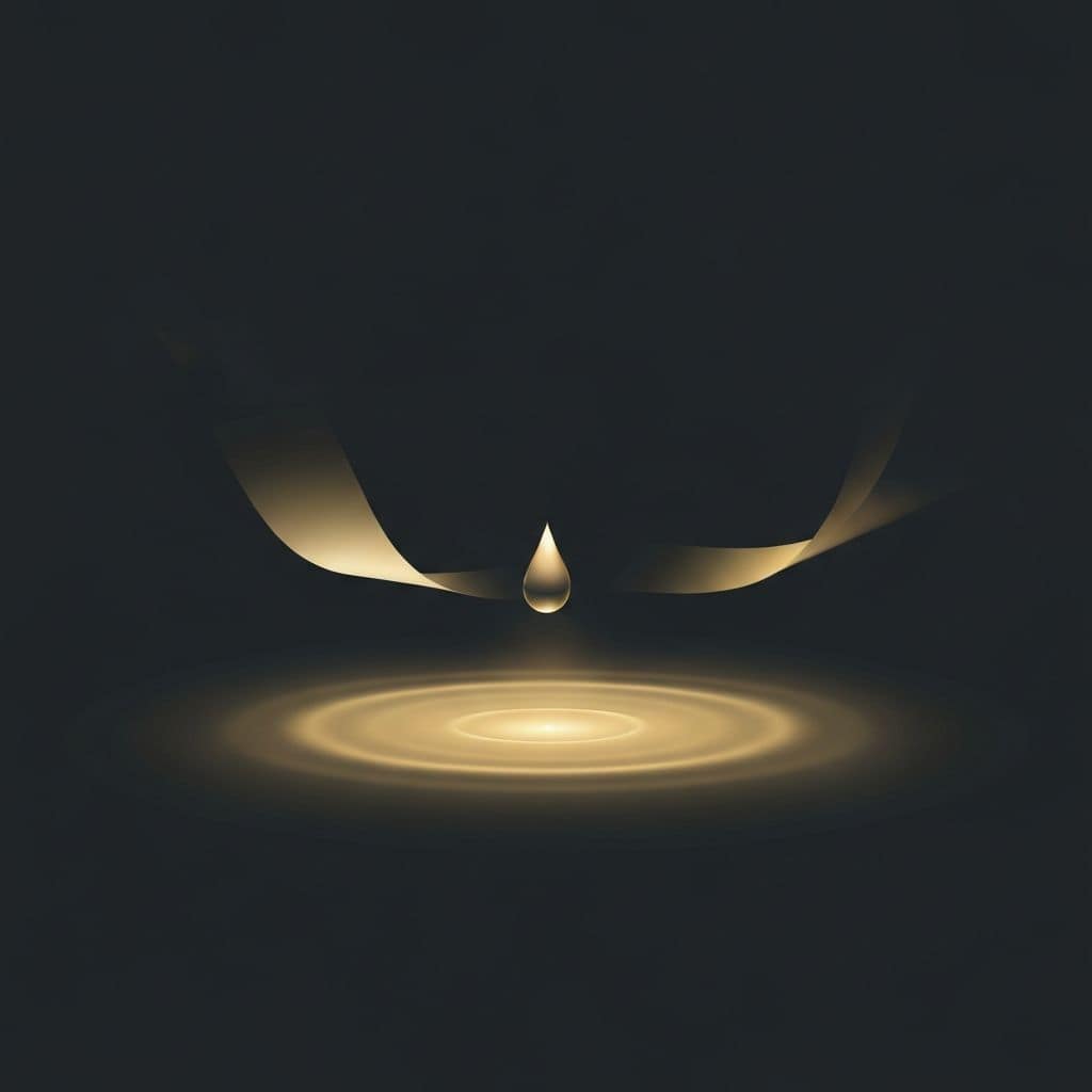 Abstract illustration of a single droplet making first contact with a luminous surface, the beginning of a peptide protocol.
