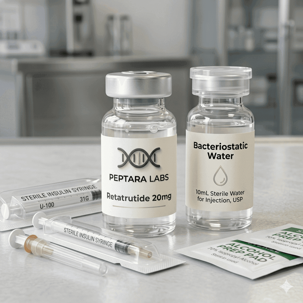 Complete injection kit with Retatrutide vial, bacteriostatic water, syringes and alcohol swabs